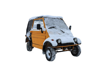Microcar in snow is called kineshma. Object on a white background.