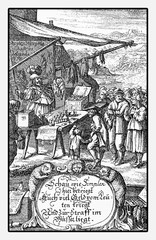Quacksaver promotes his ware at the market aloud, XVII century