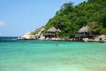 Bungalows hut on a tropical beach with nature background, Koh Tao, Thailand