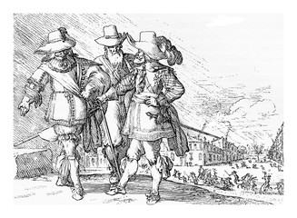 Fototapeta na wymiar Three German noblemen at the Thirty Years War time, vintage engraving