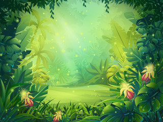 Vector cartoon illustration of background morning rainforest - obrazy, fototapety, plakaty