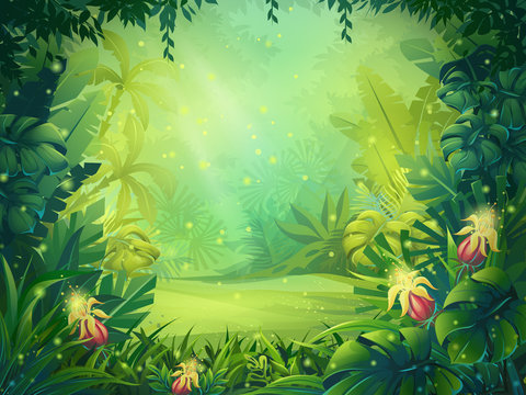 Vector cartoon illustration of background morning rainforest
