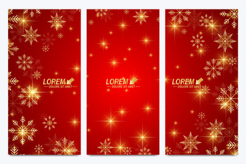 Modern set of vector Happy New Year flyers. Red background with golden snowflakes. Card surface.
