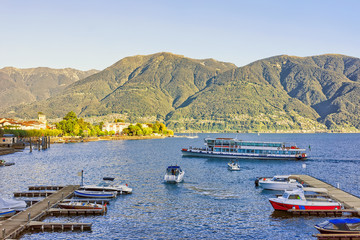 Boats at pier in Ascona in Ticino in Switzerland