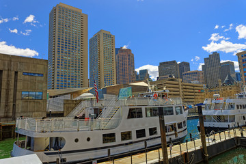 Ferry boats moored in the harbor in Boston
