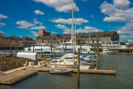 Long Wharf and Customhouse Block and sailboats in Charles River
