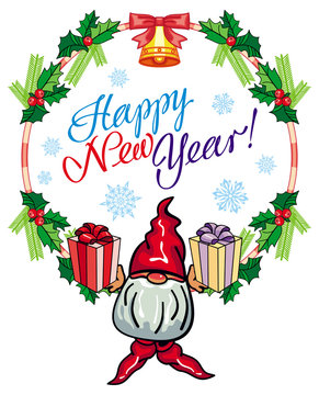 Holiday round label with Christmas decorations, funny gnome and greeting text 