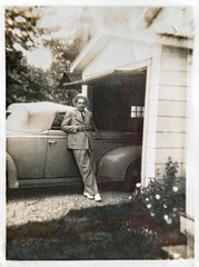 Man in Suit & Straw Hat by Convertible Car 