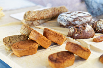 Assortment of baked bread on counter