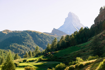 Panoramic view of Matterhorn mountain and chalets in Switzerland