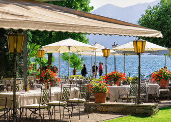 Typical restaurant terrace at  Ascona resort in Switzerland