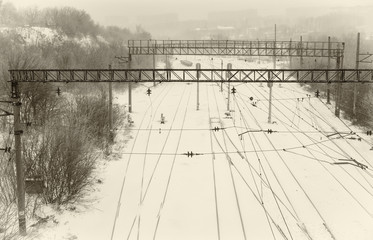 Winter landscape with empty railway infrastructure in Ukraine