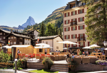 Cafe in Zermatt, Switzerland with Matterhorn mountain