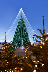 Fototapeta na wymiar Christmas tree with veiling garland installed in Vilnius Lithuania