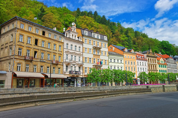 Fototapeta na wymiar Promenade at historical street in Karlovy Vary
