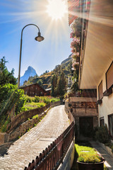 Street in Zermatt with Matterhorn mountain peak Swiss