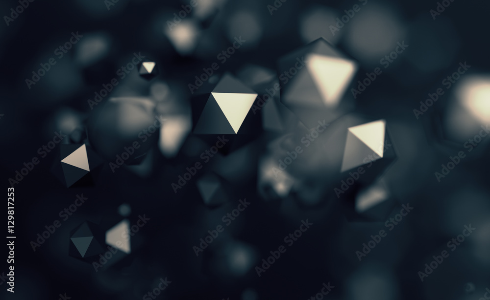 Poster abstract 3d rendering of chaotic low poly particles. flying polygonal spheres in empty space. futuri