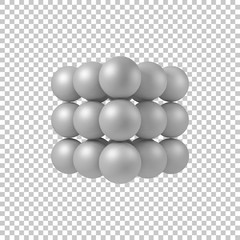 White abstract array with pearl spheres, balls, atom, molecule grid with realistic shadow and transparent background for logo, design concepts, web and prints. 3D render design. Vector illustration.