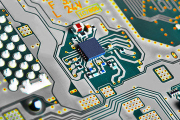 Electronic circuit board close up.