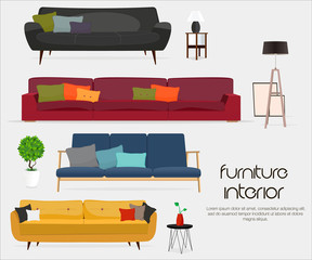Interior. Sofa sets and home accessories. Furniture design. Sofas with pillows, lamps, pictures.