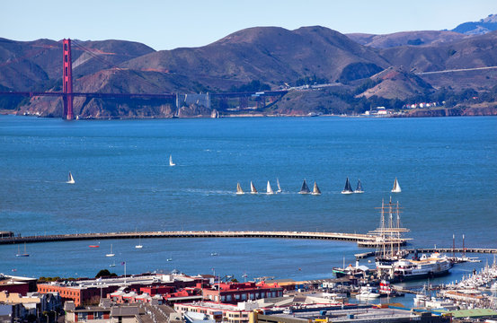 Fisherman's Wharf Golden Gate Bridge Sail Boats San Francisco Ca