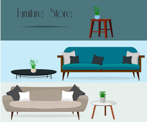 Furniture store. Set of sofas and tables.