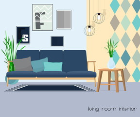 Living room. Sofa with table and lamp.