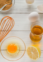 ingredients for cooking. Broken egg shells and oil.