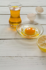 ingredients for cooking. Broken egg shells and oil.