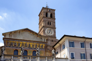View of historical "Our lady Basilica" in Trastevere area of Rome.