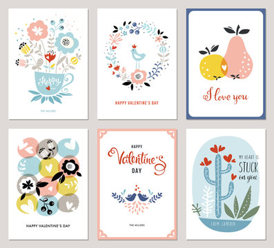Valentine's Cards in scandinavian style. Bouquet, floral wreath, apple, pear, love birds, cacti and hearts.