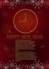 New Year card with clocks and text pattern on red background with snowflakes