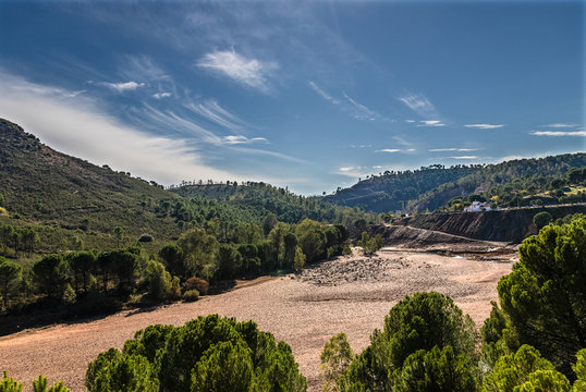 Beautiful viw of old exploitation of copper mine in village Sotiel Coronada in  Huelva, Andalusia, Spain