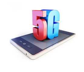 5G smartphone ang text 5G, 5G sign, 5G cellular high speed data wireless connection. 3d Illustrations on white background