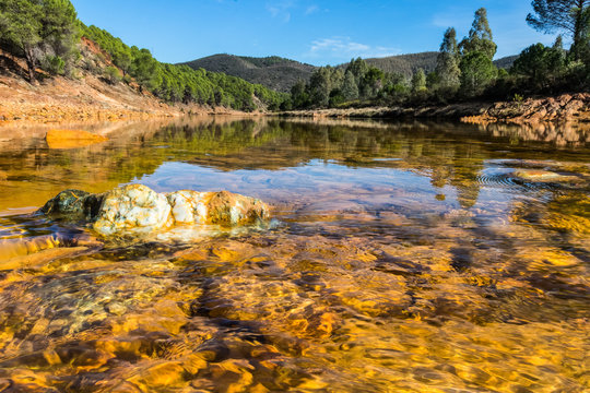 Beautiful view of Odiel river in antique exploitation of copper mine in village Sotiel Coronada in  Huelva, Andalusia, Spain