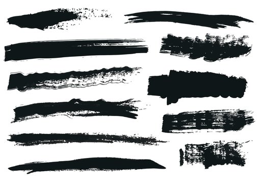 Set of black paint, ink brush strokes, brushes, lines. Dirty artistic design elements, boxes, frames.