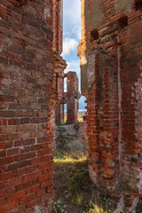 City Disna. The ruins of the hospital in the small city of Belarus of red brick. The building is in a dilapidated condition. The ancient city where Jews lived