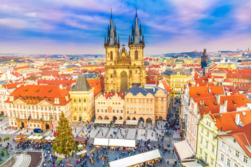 Fototapeta na wymiar Panoramic view over Old town square in Prague at Christmass time, Czech Republic