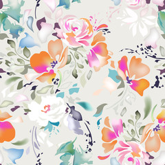 Soft watercolor like, hand drawn flowers, roses and leaves - seamless background