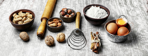 Fototapeta na wymiar Ingredients for cooking dough