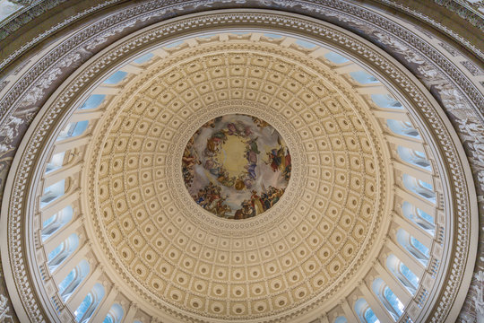 Looking up inside the Dome of the Capitol Building in Washington