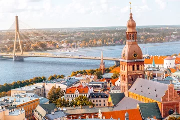 Foto op Canvas Cityscape aerial view on the old town with Dome cathedral and Daugava river in Riga city, Latvia © rh2010