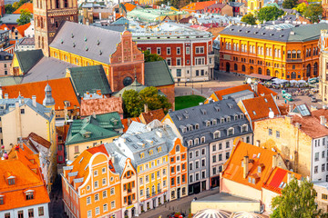 Top view on the old town with beautiful colorful buildings in Riga city, Latvia