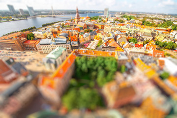 Panoramic aerial view on the old town of Riga city, Latvia. Blurred image with tilt-shift effect