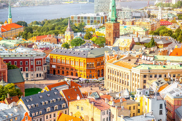 Cityscape aerial view on the old town with James Roman cathedral in Riga, Latvia