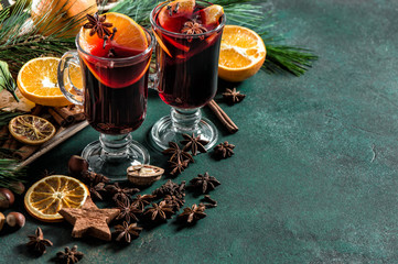 Mulled wine ingredients Hot red punch  fruits spices Christmas d