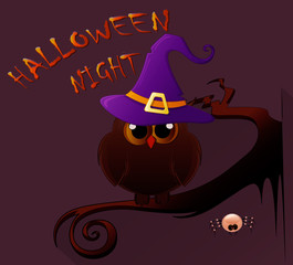 Cartoon owl in witch hat sitting on the branch. Halloween icon. Vector illustration