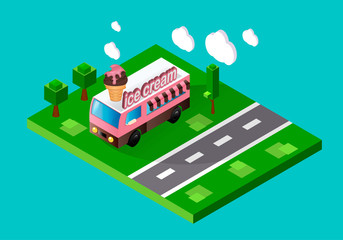 Ice cream truck standing on the street. Stock vector color isometric illustration.