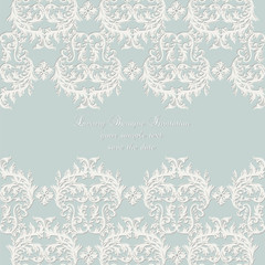 Vector Damask Lace Invitation card with floral ornament. Delicate intricate decorated card for wedding ceremonies, anniversary, party, events. White and blue color
