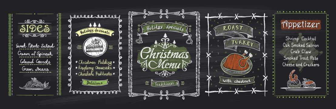Chalk Christmas menu blackboard designs set. Vector hand drawn illustration with holidays menu
